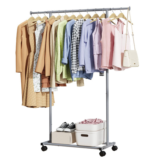 Kitsure Clothes Rack with Wheels - 30.3" to 47.2" L Adjustable Clothing Racks for Hanging Clothes, Rolling Garment Rack with Shelf, Sturdy Closet Rack, Clothes Hanger Rack for Pants, Dresses,Grey
